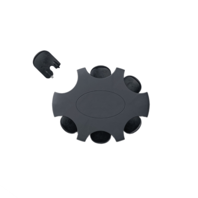 A black ProWax miniFit circular USB hub with five ports and a separate USB connector is shown on a white background.
