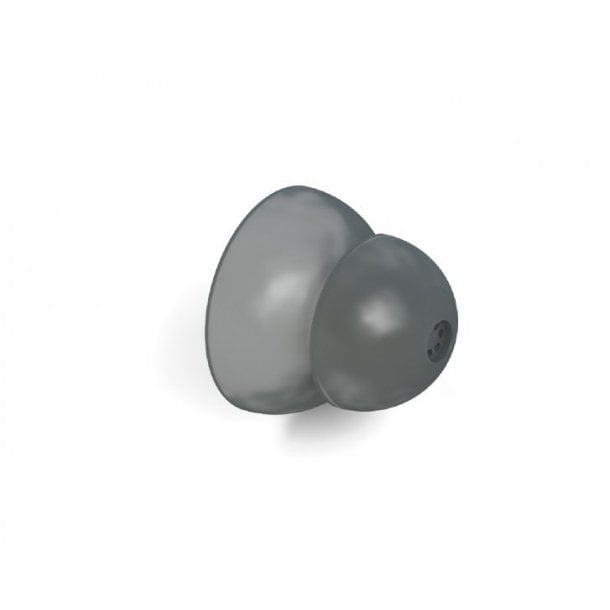 A pair of SureFit (SF) Power Dome pieces—gray, dome-shaped with smooth surfaces, one slightly larger and the smaller featuring a small side hole—are displayed on a plain white background.