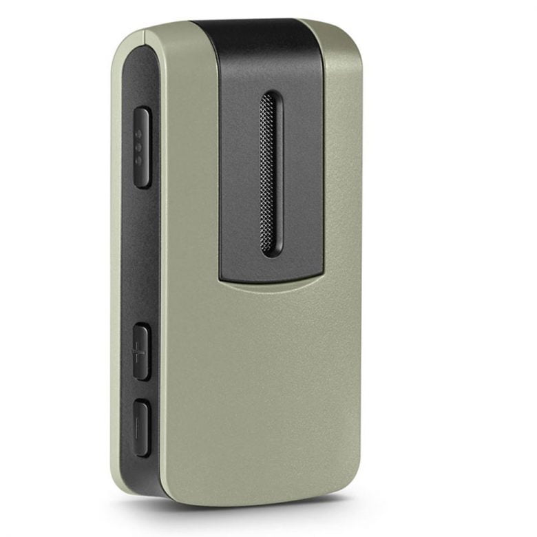 The Rexton Smart Mic, a compact rectangular device in olive green and black with buttons and a speaker grille, is shown standing upright on a white background.