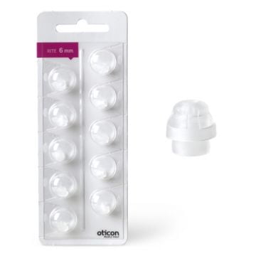 A pack of ten Oticon RITE Open Dome hearing aid domes (RITE 6 mm), with one dome shown separately on the right.
