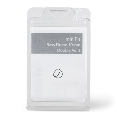 A clear plastic package contains Bernafon MiniFit Bass Dome Double 10 mm ear tips. The gray and white label features text and a simple line drawing of an earbud tip.