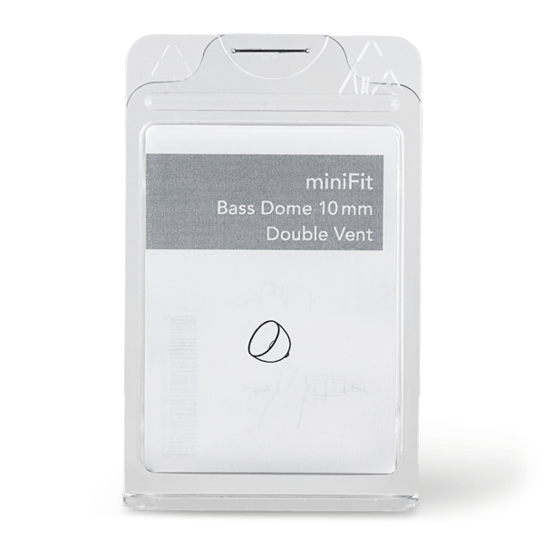 A clear plastic package contains Bernafon MiniFit Bass Dome Double 10 mm ear tips. The gray and white label features text and a simple line drawing of an earbud tip.