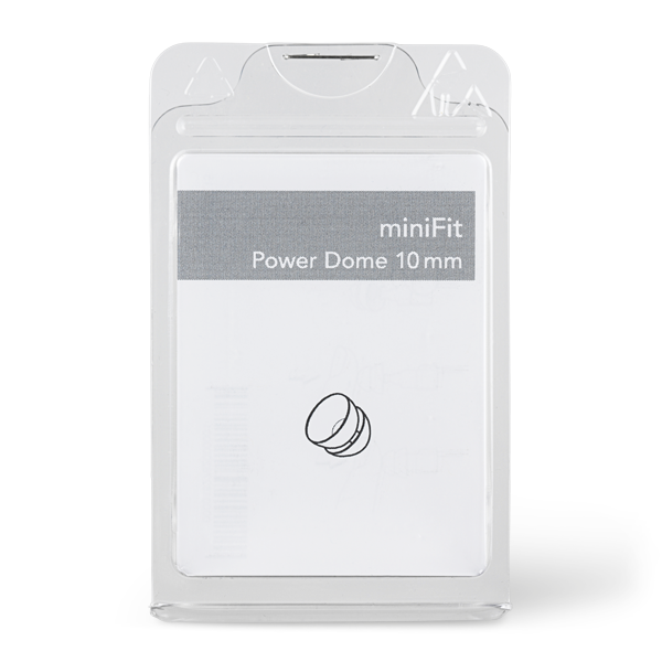 Clear plastic packaging displays a card labeled "Bernafon Minifit Power Dome 10 mm" with a graphic of three stacked domes, set against a plain white background.