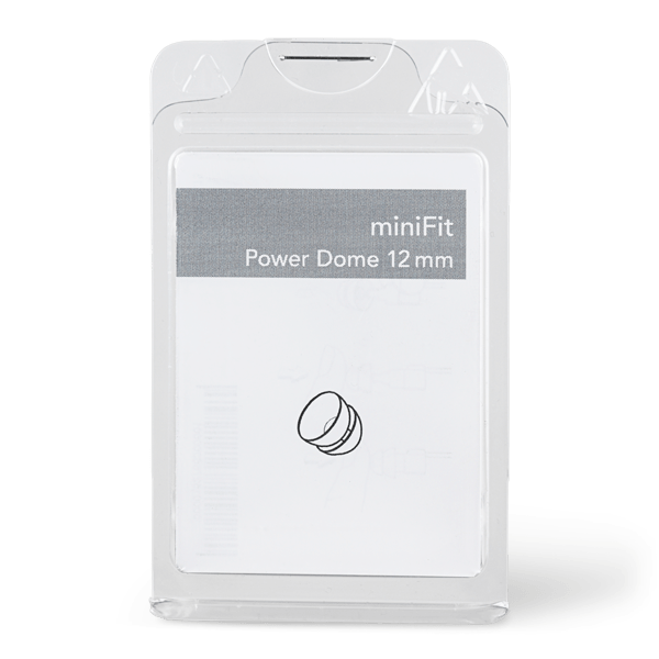 Clear plastic packaging contains a card labeled "Bernafon Minifit Power Dome 12 mm" and features an illustration of three dome-shaped objects below the product name.