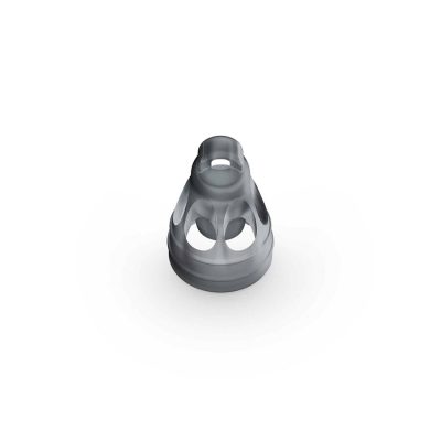 The Open Smokey Dome is a gray, conical, hollow plastic object with geometric cutouts, shown from above on a white background.