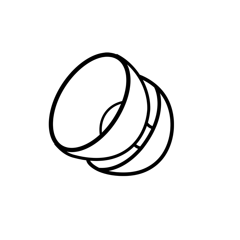 A simple black line drawing of two overlapping circles with bands across the middle, resembling the Bernafon Minifit Power Dome, on a plain white background.
